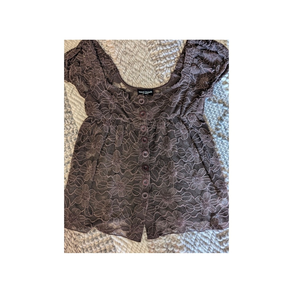 Mixed Threads Brown Floral Lace Babydoll Top Sheer Boho Y2K Puff Sleeve romantic